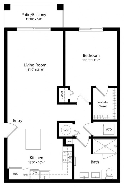Floor plan for 1 bed, 1 bath, 795 sqft